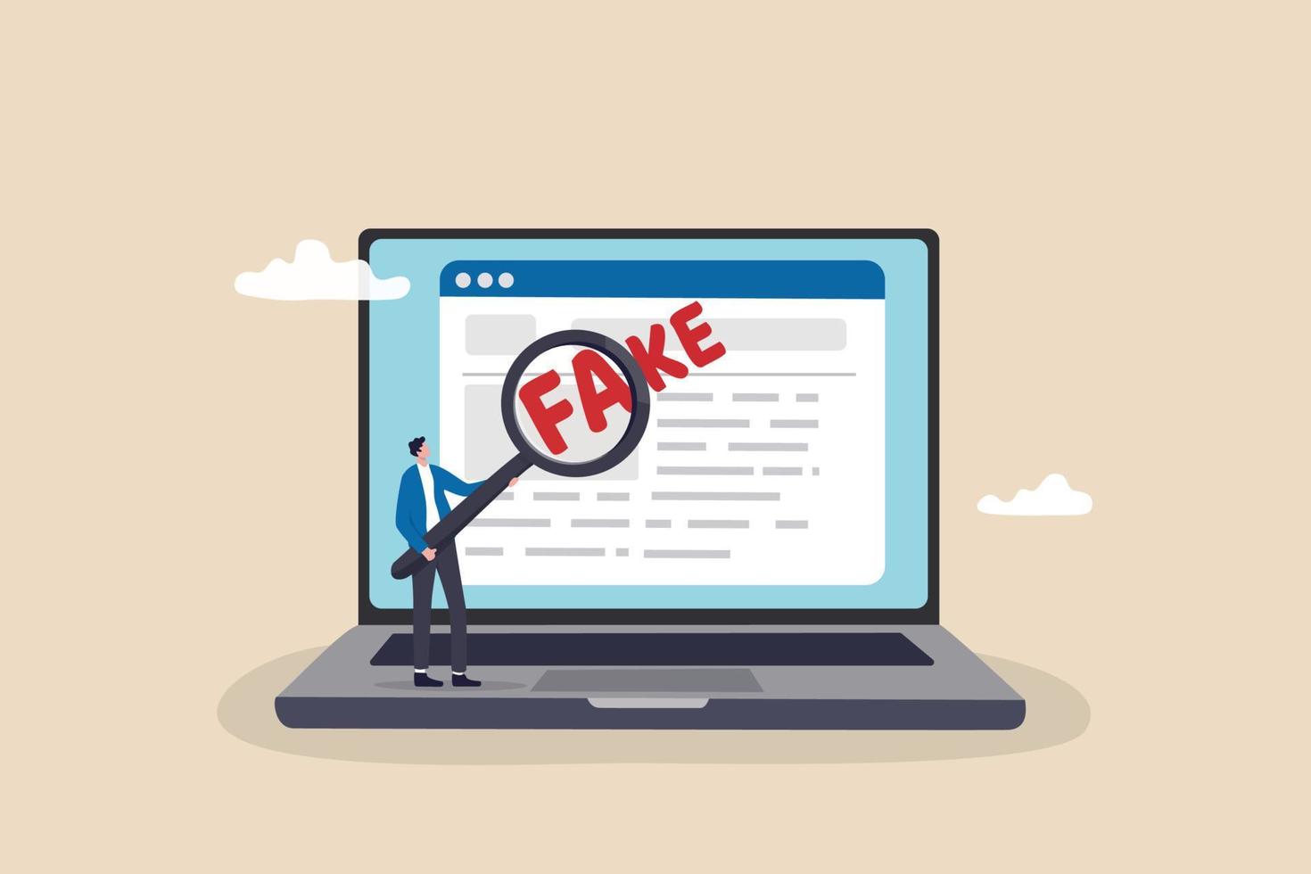 notizie false o false informazioni che si diffondono sul sito Web e sui social media, screening o verifica della verità prima di condividere o credere al concetto, l'uomo con la lente d'ingrandimento verifica le notizie false sul sito Web sul computer. vettore