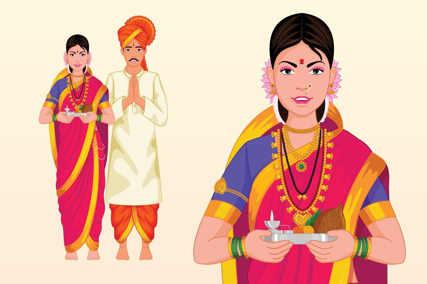 coppia indiana marathi che indossa abiti tradizionali, saree, dhoti e kurta vettore