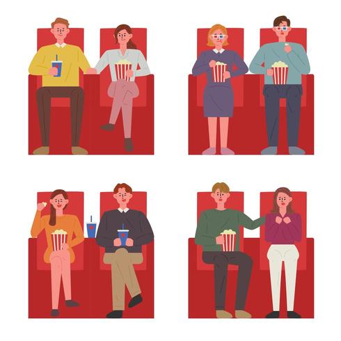 Coppie sedute sulle sedie rosse in un teatro a guardare un film. vettore