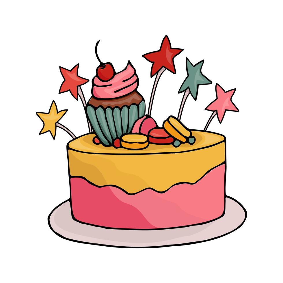 carta di vettore di buon compleanno con torta colorata... torta di praty carina. illustrazione vettoriale