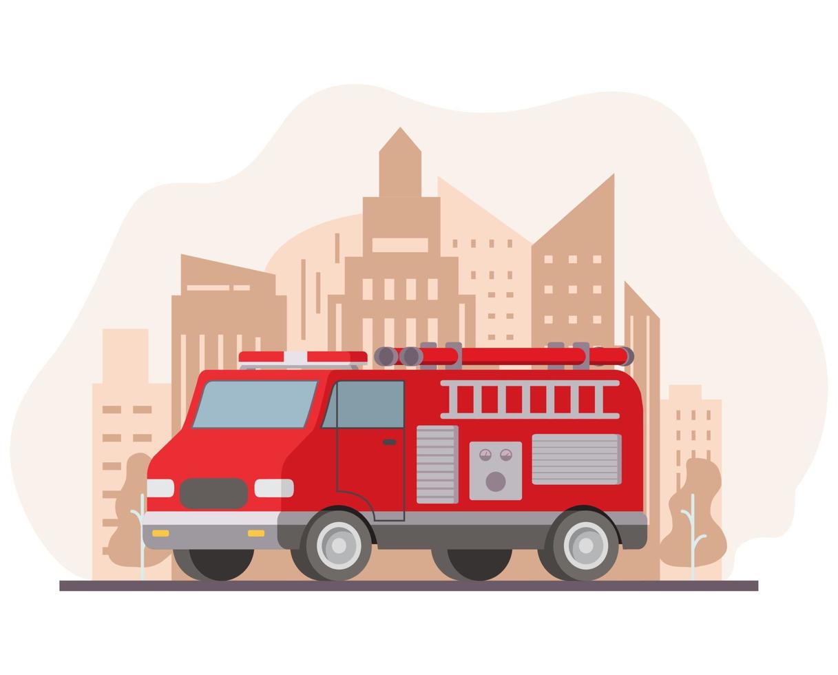 camion dei pompieri furgone.servizio di emergenza veicolo rosso.camion dei pompieri rosso con scala.veicolo di salvataggio.illustrazione piatta moderna vector.city skyline grattacieli. vettore