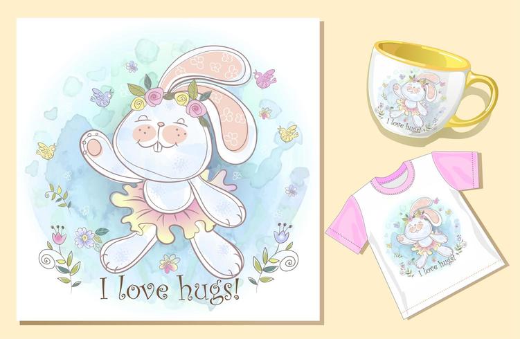 Insieme del modello dell&#39;acquerello della tazza da tè e della maglietta di bunny hug card vettore