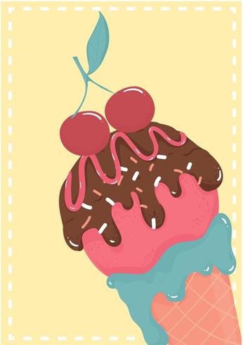 cono di cialda gelato Starwberry dolce al cioccolato con carta estiva ciliegia vettore