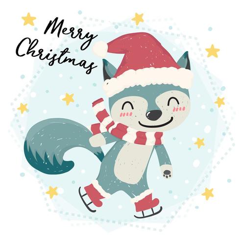 volpe animale blu felice felice carino pattinaggio nella neve, buon Natale, piatto vettoriale