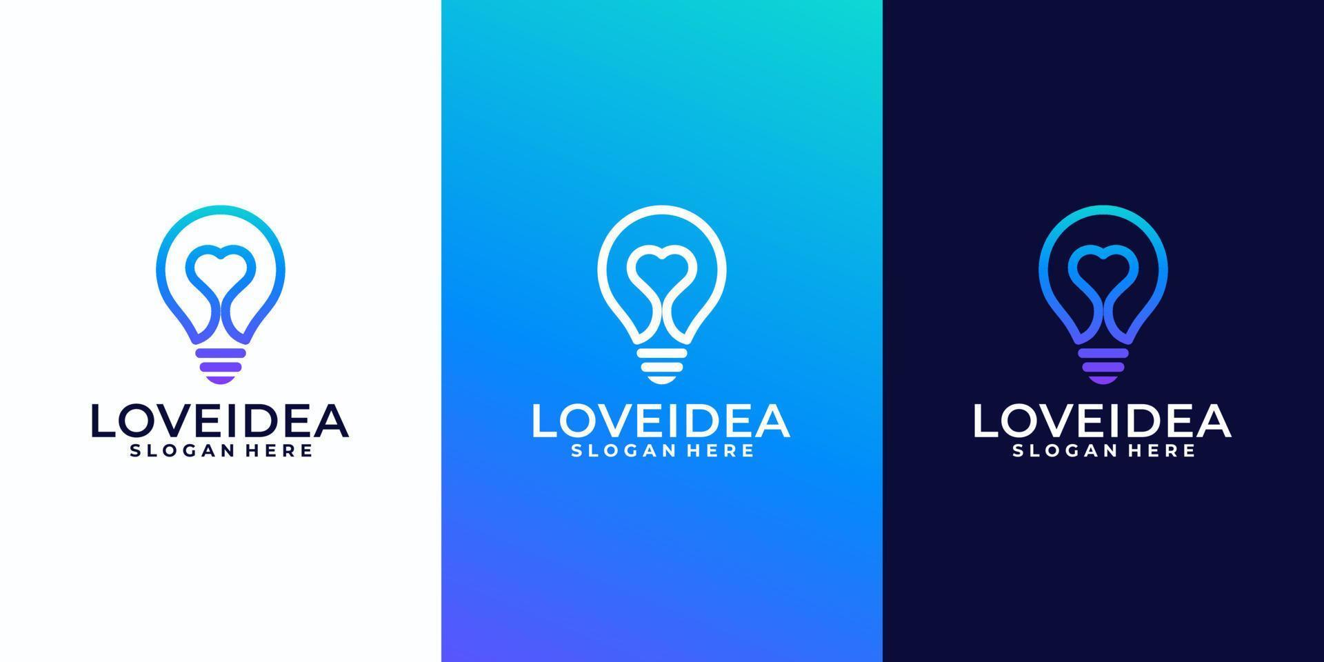 idea d'amore creativa con lampada a bulbo e design del logo del cuore vettore