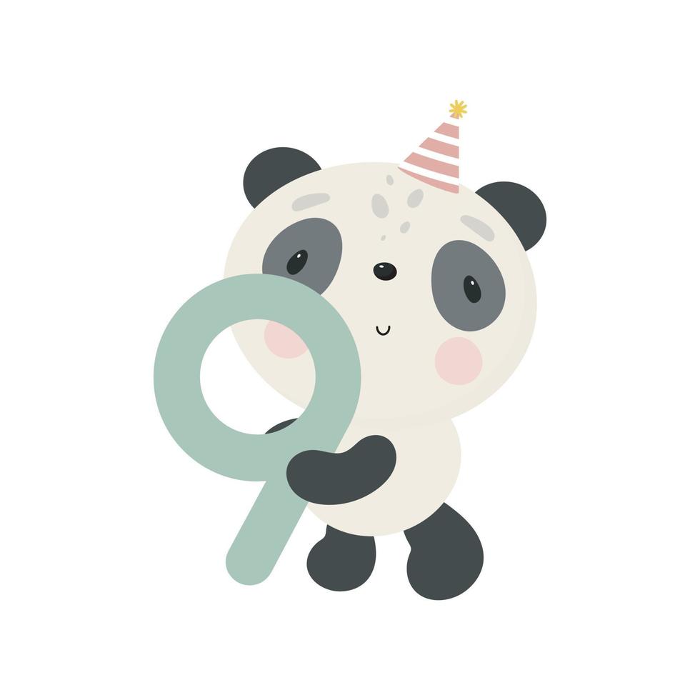 festa di compleanno, biglietto di auguri, invito a una festa. illustrazione per bambini con panda carino e il numero nove. illustrazione vettoriale in stile cartone animato.