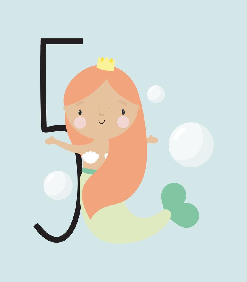 festa di compleanno, biglietto di auguri, invito a una festa. illustrazione per bambini con sirena carina e un'iscrizione cinque. illustrazione vettoriale in stile cartone animato.