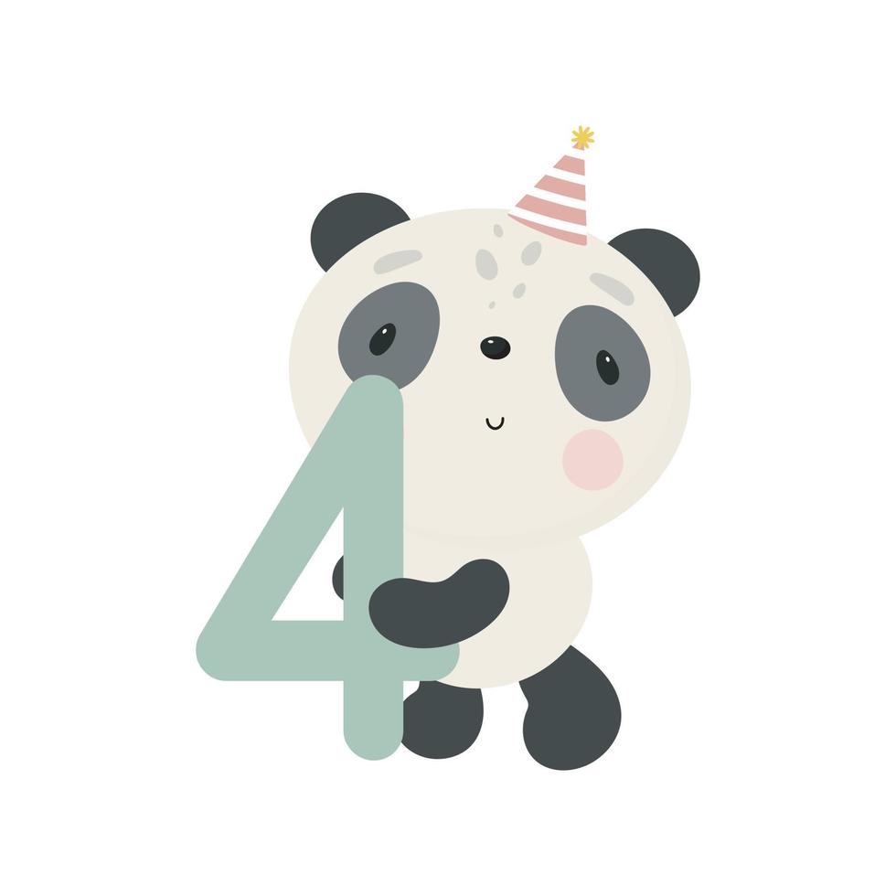 festa di compleanno, biglietto di auguri, invito a una festa. illustrazione per bambini con panda carino ed e il numero quattro. illustrazione vettoriale in stile cartone animato.