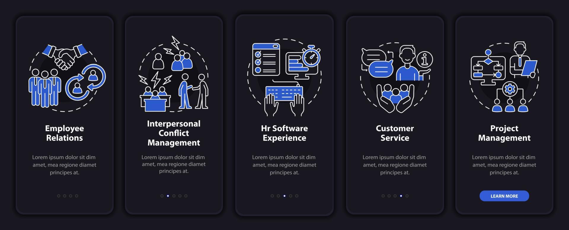 abilità per la modalità notturna di gestione delle risorse umane che integra lo schermo dell'app mobile. procedura dettagliata 5 passaggi pagine di istruzioni grafiche con concetti lineari. ui, ux, modello gui. sono stati utilizzati una miriade di caratteri normali in grassetto vettore