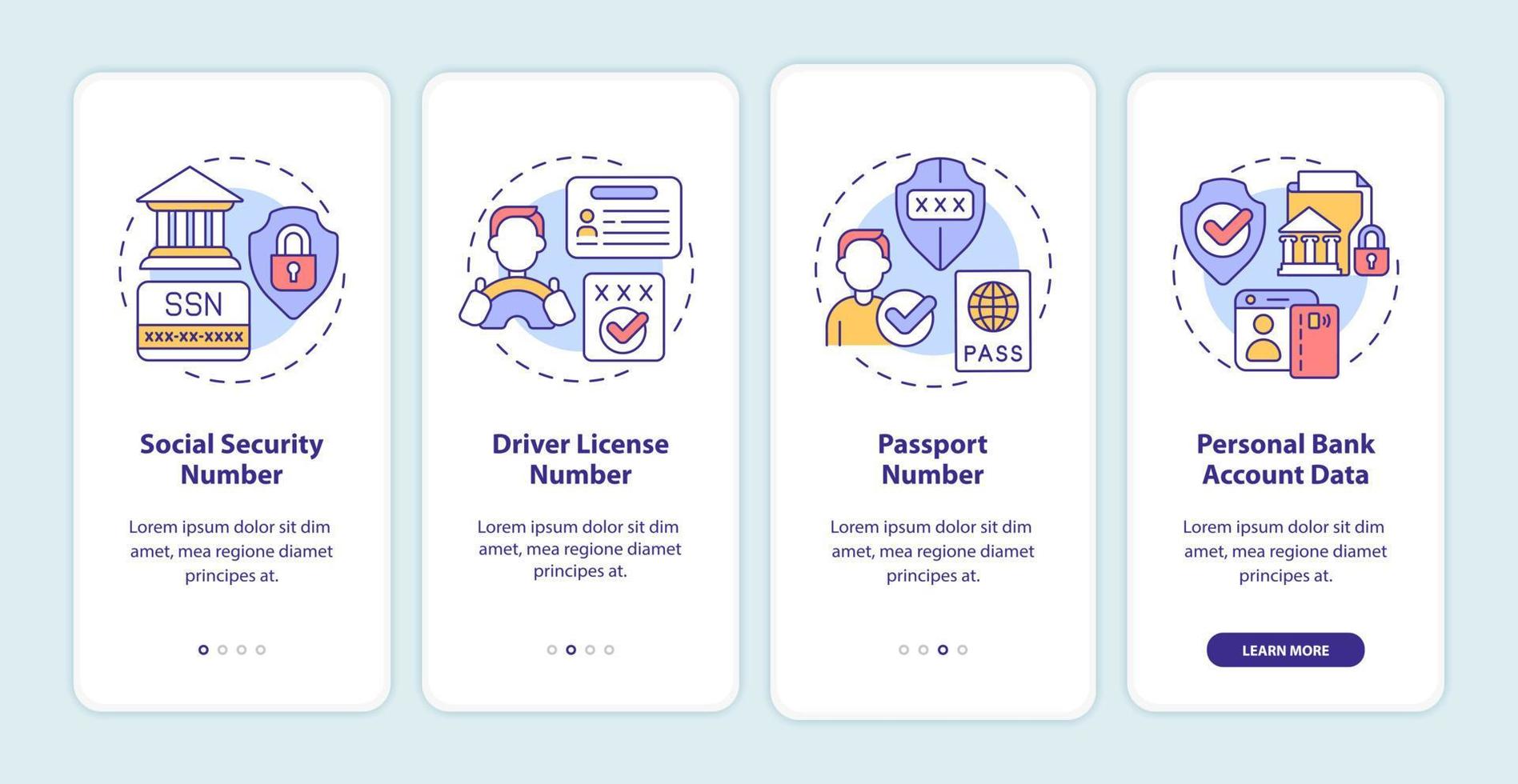 schermata dell'app mobile per l'onboarding di dati altamente sensibili. procedura dettagliata di fiducia pagine di istruzioni grafiche in 4 passaggi con concetti lineari. ui, ux, modello gui. sono stati utilizzati una miriade di caratteri normali in grassetto vettore