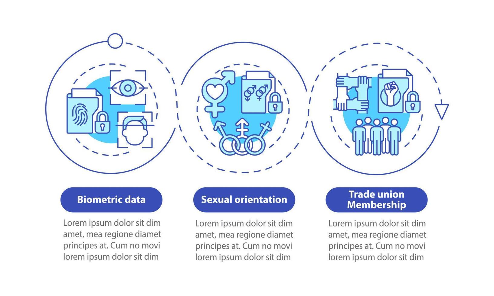 esempi di modello di infografica cerchio blu dati personali. visualizzazione dei dati con 3 passaggi. grafico delle informazioni sulla sequenza temporale del processo. layout del flusso di lavoro con icone di linea. sono stati utilizzati una miriade di caratteri normali in grassetto vettore