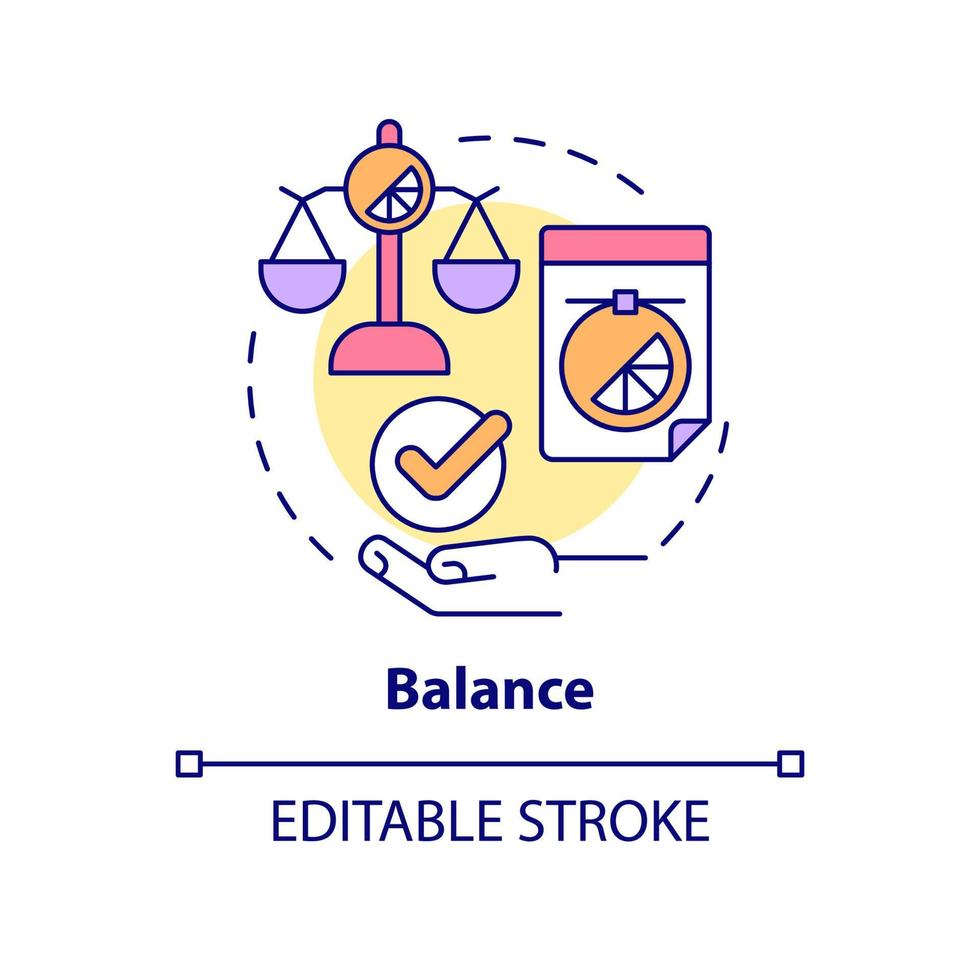 icona del concetto di equilibrio. nozioni di base sul lavoro di designer. principi di progettazione grafica illustrazione al tratto sottile di idea astratta. disegno di contorno isolato. tratto modificabile. arial, una miriade di caratteri pro-grassetto utilizzati vettore