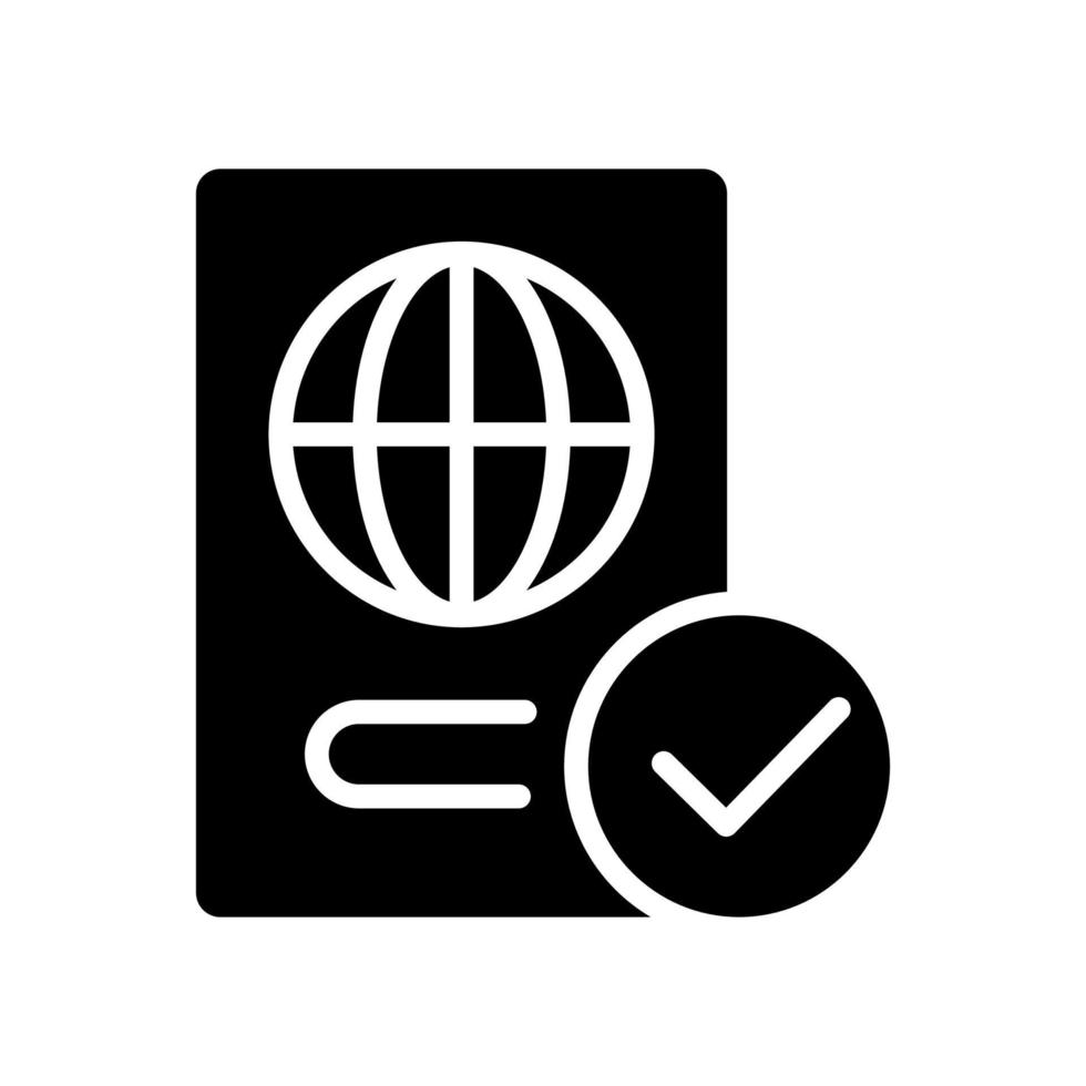 icona del glifo nero di controllo passaporti. protezione delle frontiere. ID passeggero per il check-in. migrazione internazionale. documento ufficiale. simbolo della siluetta su spazio bianco. illustrazione vettoriale isolato