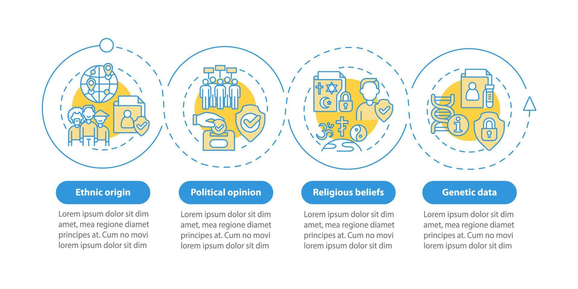 esempi di modello di infografica cerchio blu informazioni personali. visualizzazione dei dati con 4 passaggi. grafico delle informazioni sulla sequenza temporale del processo. layout del flusso di lavoro con icone di linea. sono stati utilizzati una miriade di caratteri normali in grassetto vettore