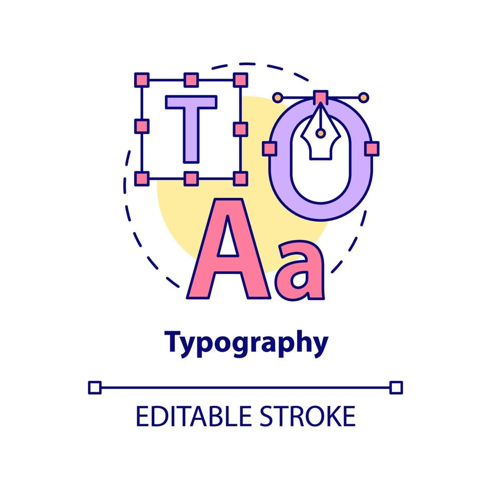 icona del concetto di tipografia. strumento di progettazione. principi di progettazione grafica illustrazione al tratto sottile dell'idea astratta. disegno di contorno isolato. tratto modificabile. arial, una miriade di caratteri pro-grassetto utilizzati vettore