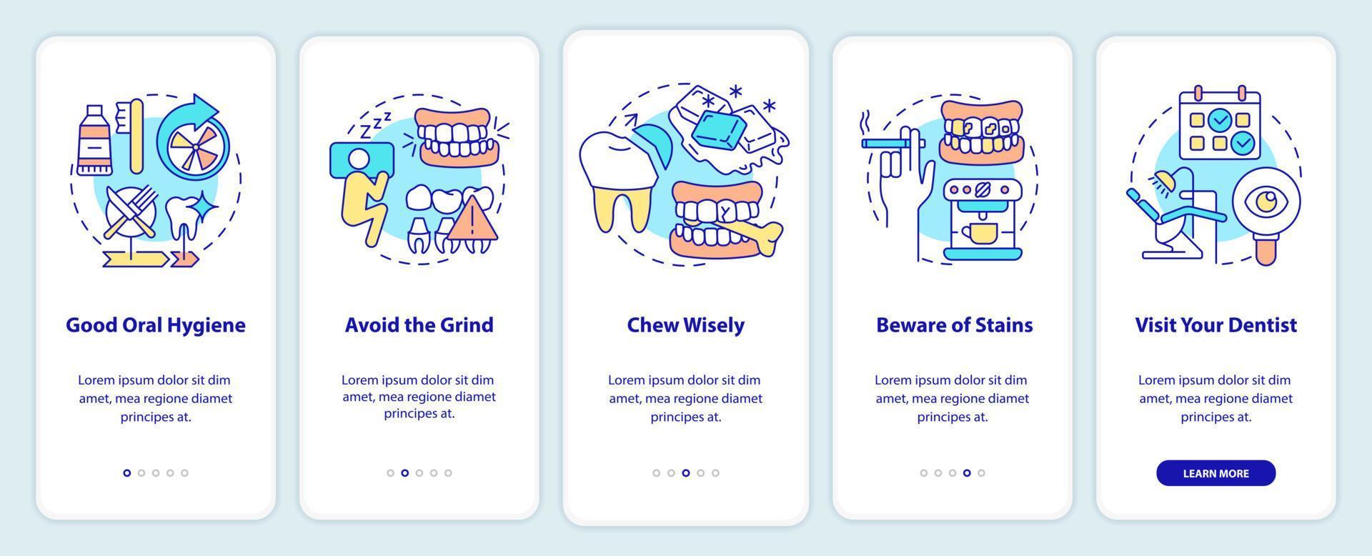 prendersi cura delle faccette durante l'onboarding dello schermo dell'app mobile. buona igiene orale procedura dettagliata 5 passaggi pagine di istruzioni grafiche con concetti lineari. ui, ux, modello gui. sono stati utilizzati una miriade di caratteri normali in grassetto vettore