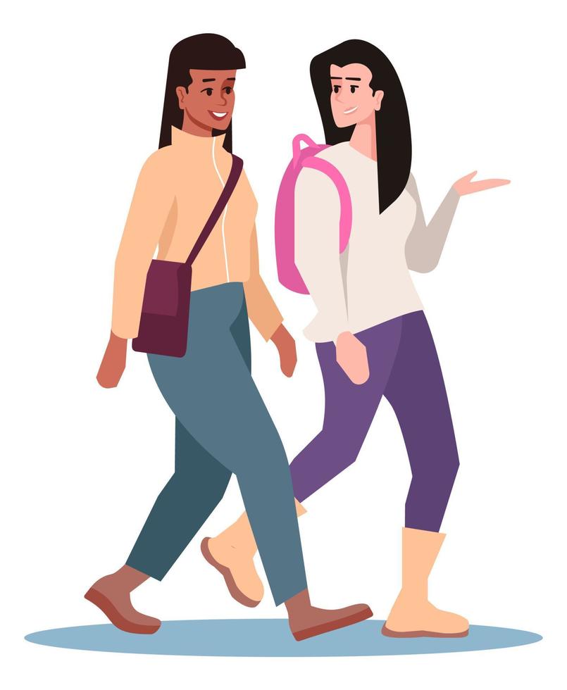 illustrazione vettoriale a colori rgb semi-piatta di incontro. amiche che camminano insieme e chiacchierano con personaggi dei cartoni animati isolati su sfondo bianco