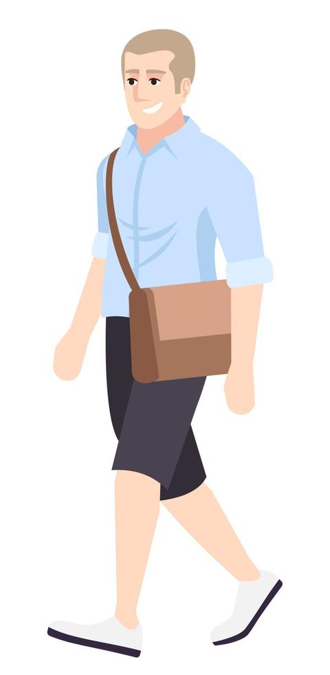 ragazzo che indossa abbigliamento casual semi piatto colore rgb illustrazione vettoriale. uomo che cammina con il personaggio dei cartoni animati isolato borsa a tracolla su sfondo bianco vettore