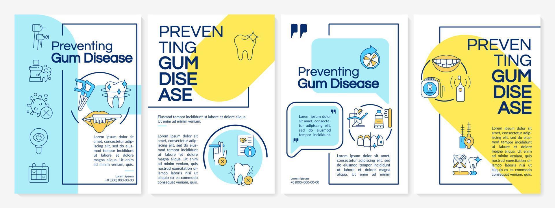 modello di brochure blu e giallo per la prevenzione della malattia parodontale. lavare i denti. design volantino con icone lineari. 4 layout vettoriali per la presentazione, relazioni annuali. sono stati utilizzati caratteri lato-normali