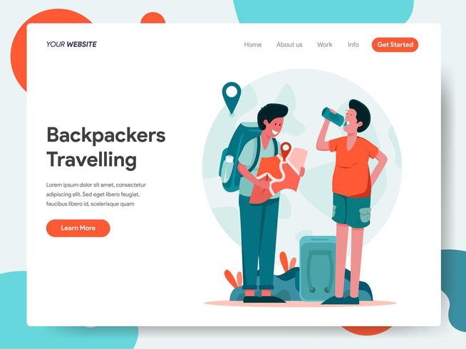 Modello di pagina di destinazione di Backpackers itineranti vettore