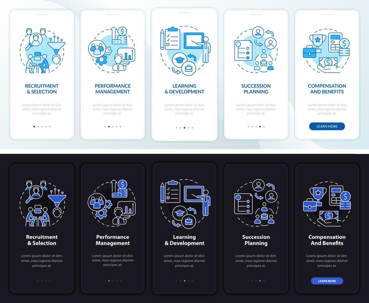 nozioni di base sulla gestione delle ore notte, modalità giorno onboarding dello schermo dell'app mobile. procedura dettagliata 5 passaggi pagine di istruzioni grafiche con concetti lineari. ui, ux, modello gui. sono stati utilizzati una miriade di caratteri normali in grassetto vettore