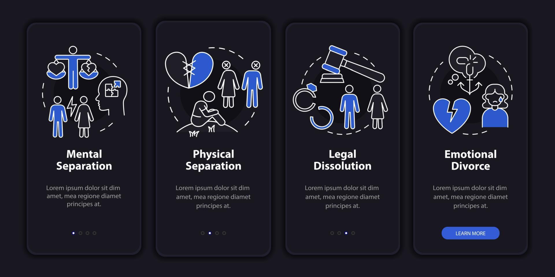 divorzi sopravvissuto alla modalità notte onboarding schermo dell'app mobile. guida alla rottura 4 passaggi pagine di istruzioni grafiche con concetti lineari. ui, ux, modello gui. sono stati utilizzati una miriade di caratteri normali in grassetto vettore