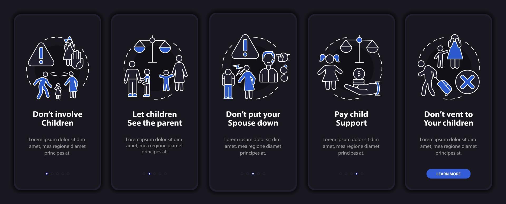 divorzi e cose da fare e da non fare in modalità notturna per l'onboarding dello schermo dell'app mobile. suggerimenti suggerimenti procedura dettagliata 5 passaggi istruzioni grafiche pagine con concetti lineari. ui, ux, modello gui. sono stati utilizzati una miriade di caratteri normali in grassetto vettore