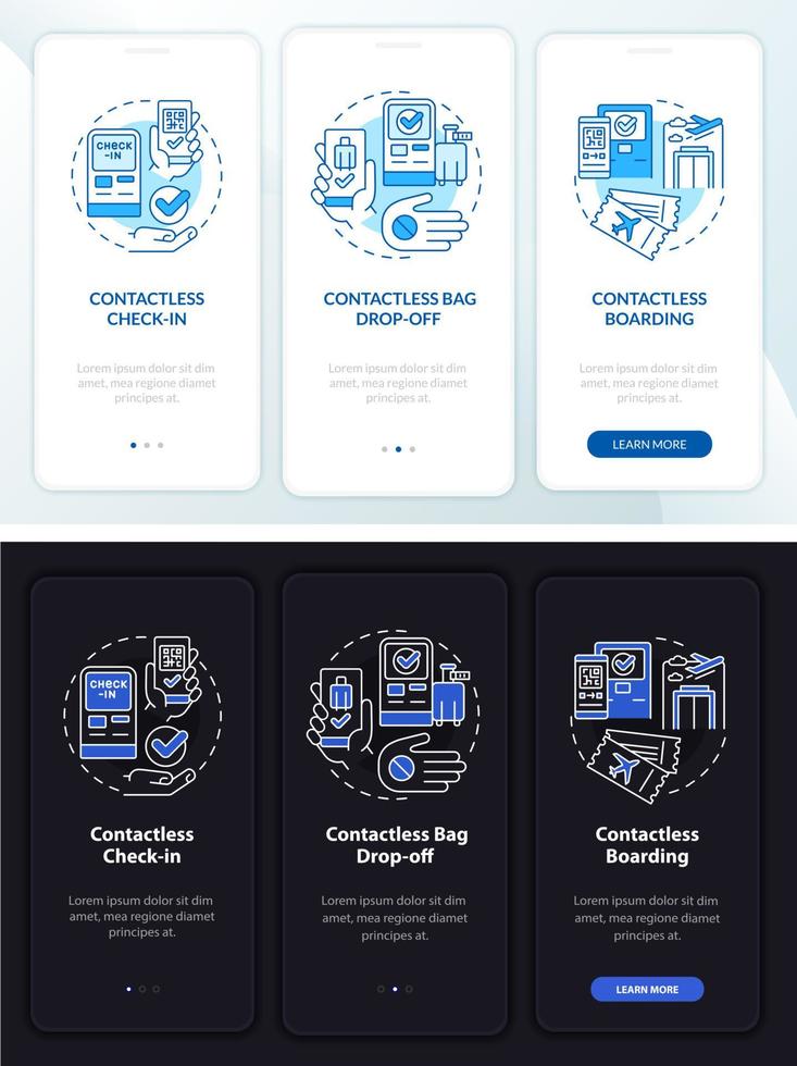 servizio contactless modalità notte e giorno onboarding schermo dell'app mobile. procedura dettagliata 3 passaggi pagine di istruzioni grafiche con concetti lineari. ui, ux, modello gui. sono stati utilizzati una miriade di caratteri normali in grassetto vettore