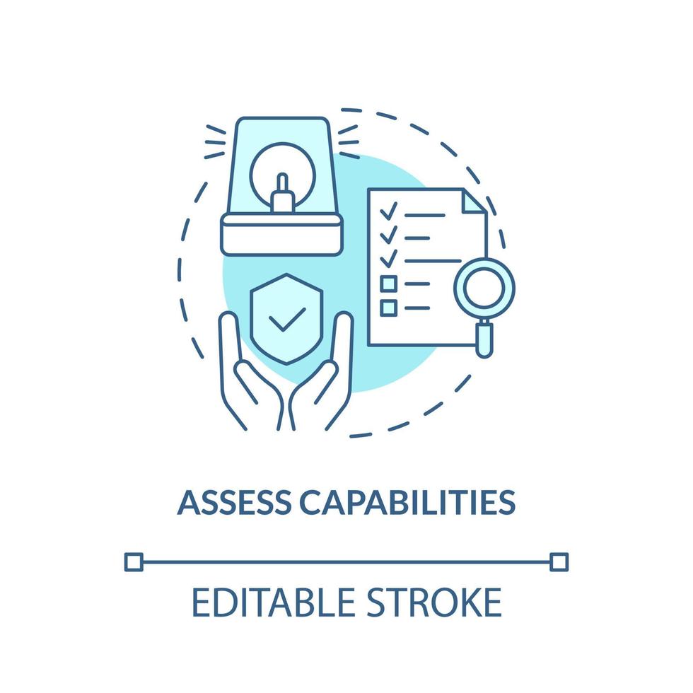 valutare le capacità icona del concetto turchese. valutazione delle soluzioni di strategia illustrazione di linea sottile di idea astratta. disegno di contorno isolato. tratto modificabile. roboto-medium, una miriade di caratteri pro-grassetto utilizzati vettore