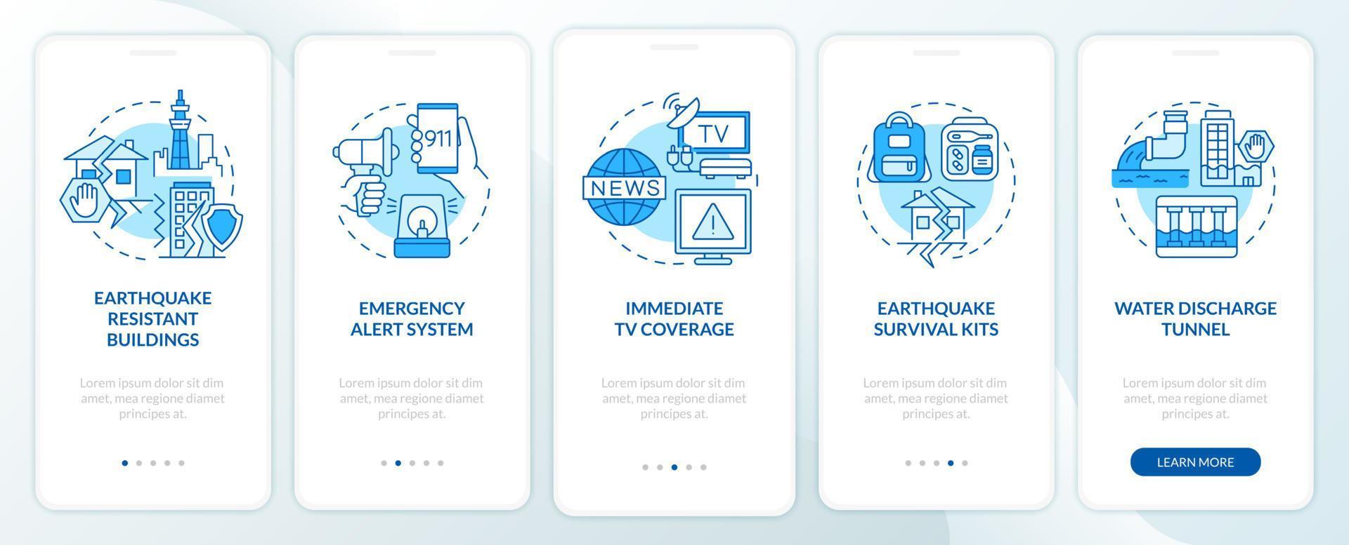 schermata dell'app mobile onboarding blu per la mitigazione del terremoto. giappone procedura dettagliata 5 passaggi pagine di istruzioni grafiche con concetti lineari. ui, ux, modello gui. sono stati utilizzati una miriade di caratteri normali in grassetto vettore