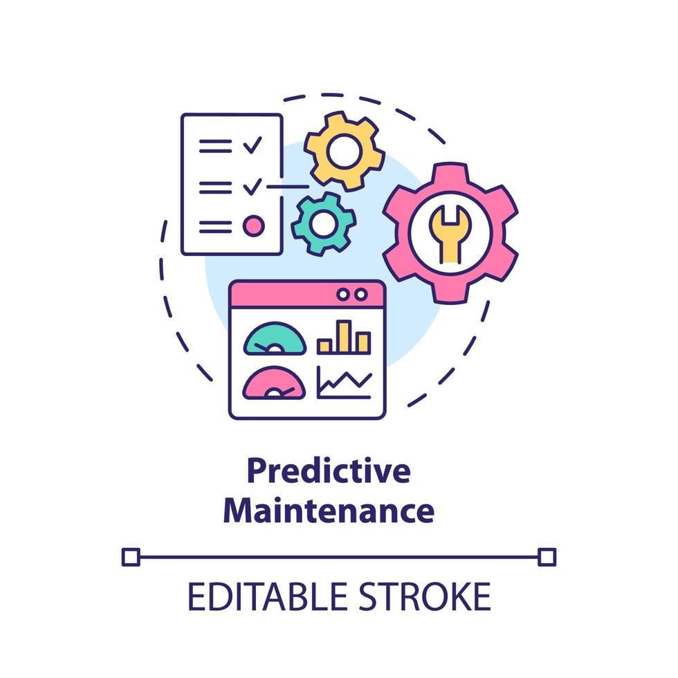 icona del concetto di manutenzione predittiva. valutazione della condizione dell'asset virtuale illustrazione al tratto sottile dell'idea astratta. disegno di contorno isolato. tratto modificabile. roboto-medium, una miriade di caratteri pro-grassetto utilizzati vettore