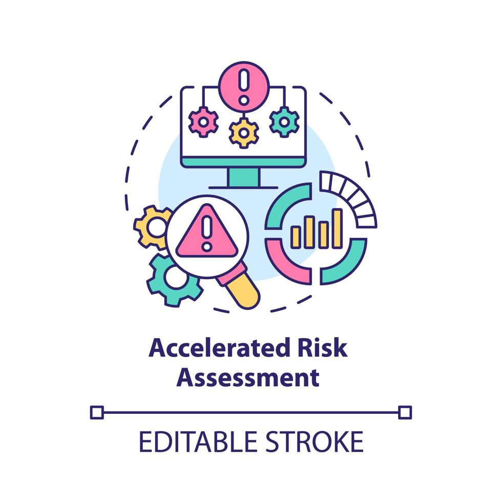 icona del concetto di valutazione del rischio accelerata. illustrazione della linea sottile dell'idea astratta del vantaggio del gemello digitale. disegno di contorno isolato. tratto modificabile. roboto-medium, una miriade di caratteri pro-grassetto utilizzati vettore
