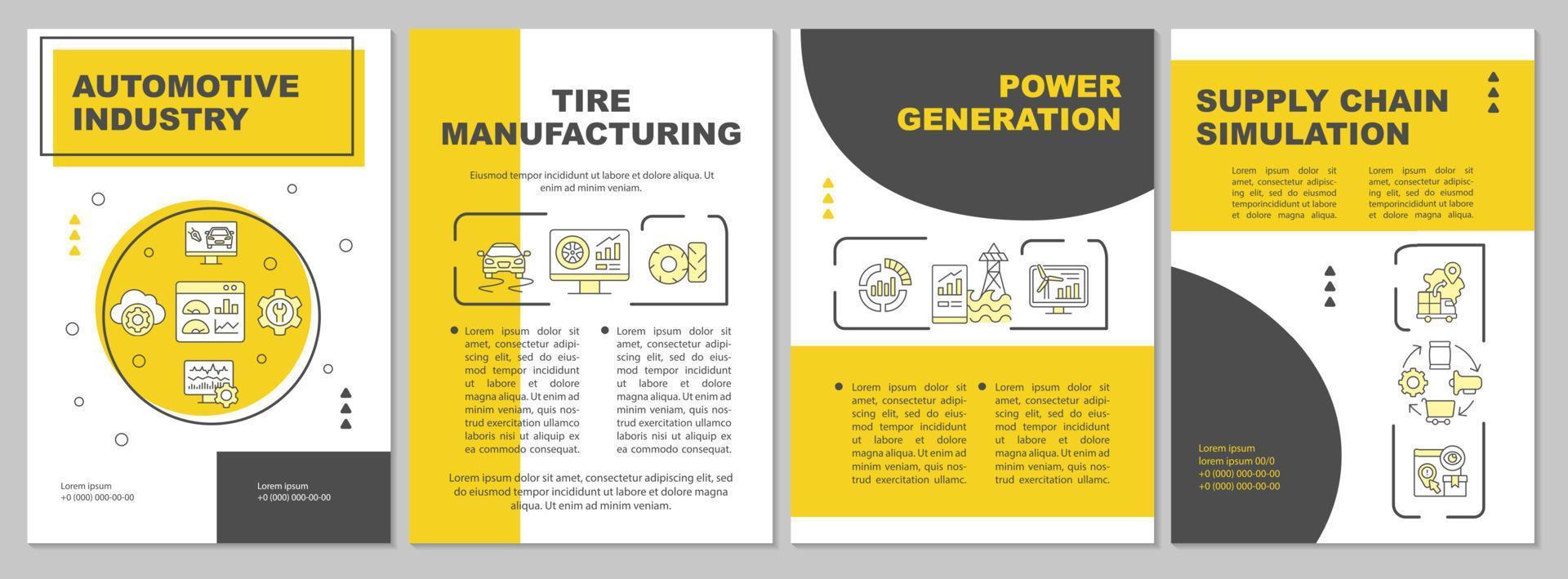 modello di brochure gialla per casi d'uso del gemello digitale. simulazione. design per la stampa di opuscoli con icone lineari. layout vettoriali per presentazioni, relazioni annuali, annunci. arial-nero, una miriade di caratteri pro-regolari utilizzati