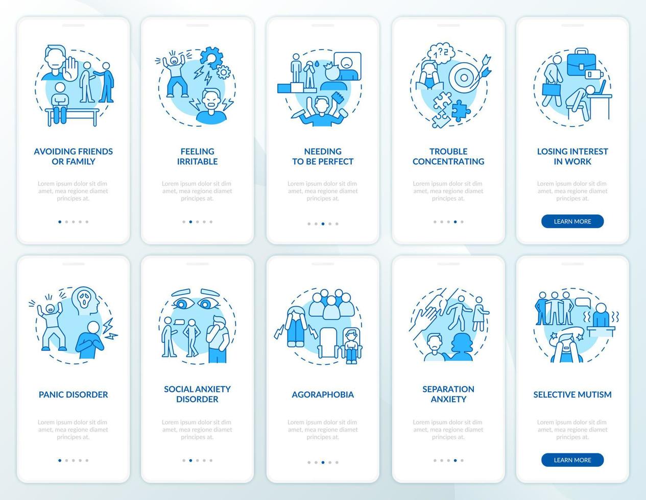 set di schermate dell'app mobile per l'onboarding blu del disturbo d'ansia. procedura guidata sanitaria 5 passaggi pagine di istruzioni grafiche con concetti lineari. ui, ux, modello gui. sono stati utilizzati una miriade di caratteri normali in grassetto vettore