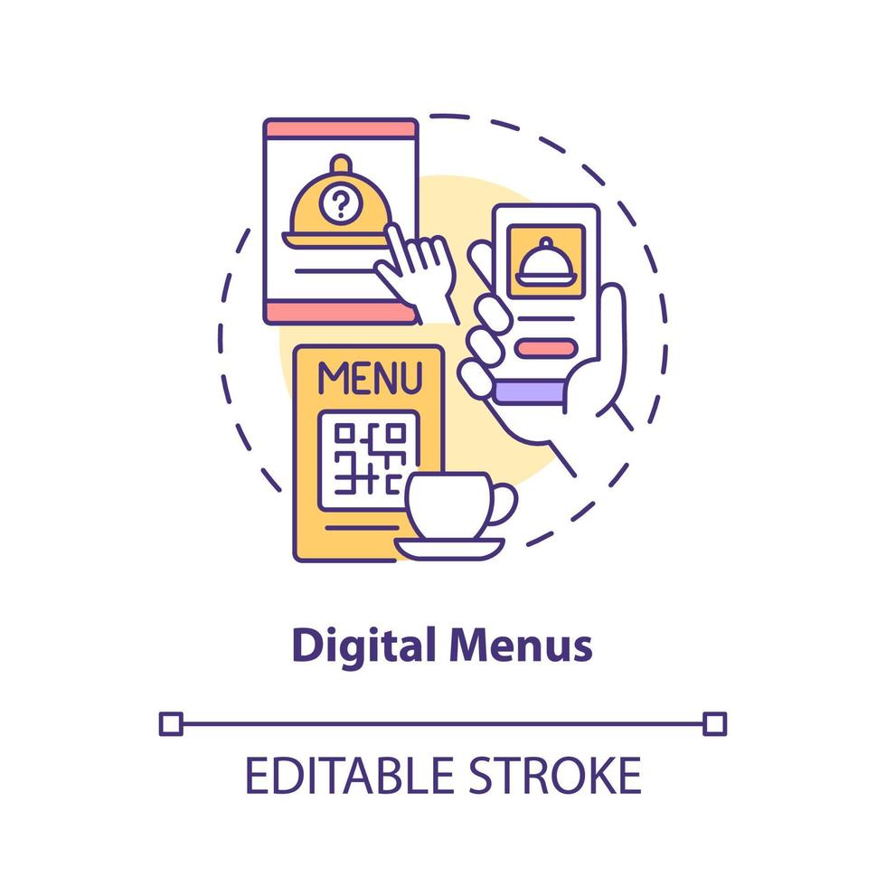 icona del concetto di menu digitali. servizio di commercio elettronico. illustrazione della linea sottile dell'idea astratta del sistema touchless. disegno di contorno isolato. tratto modificabile. roboto-medium, una miriade di caratteri pro-grassetto utilizzati vettore