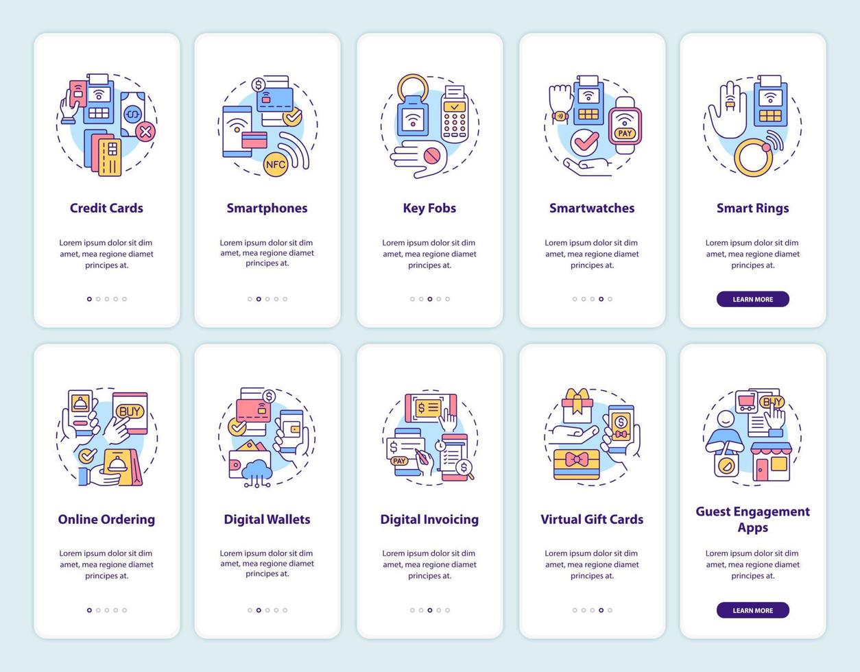 set di schermate dell'app mobile per l'onboarding del pagamento contactless. touchless walkthrough 5 passaggi istruzioni grafiche pagine con concetti lineari. ui, ux, modello gui. sono stati utilizzati una miriade di caratteri normali in grassetto vettore