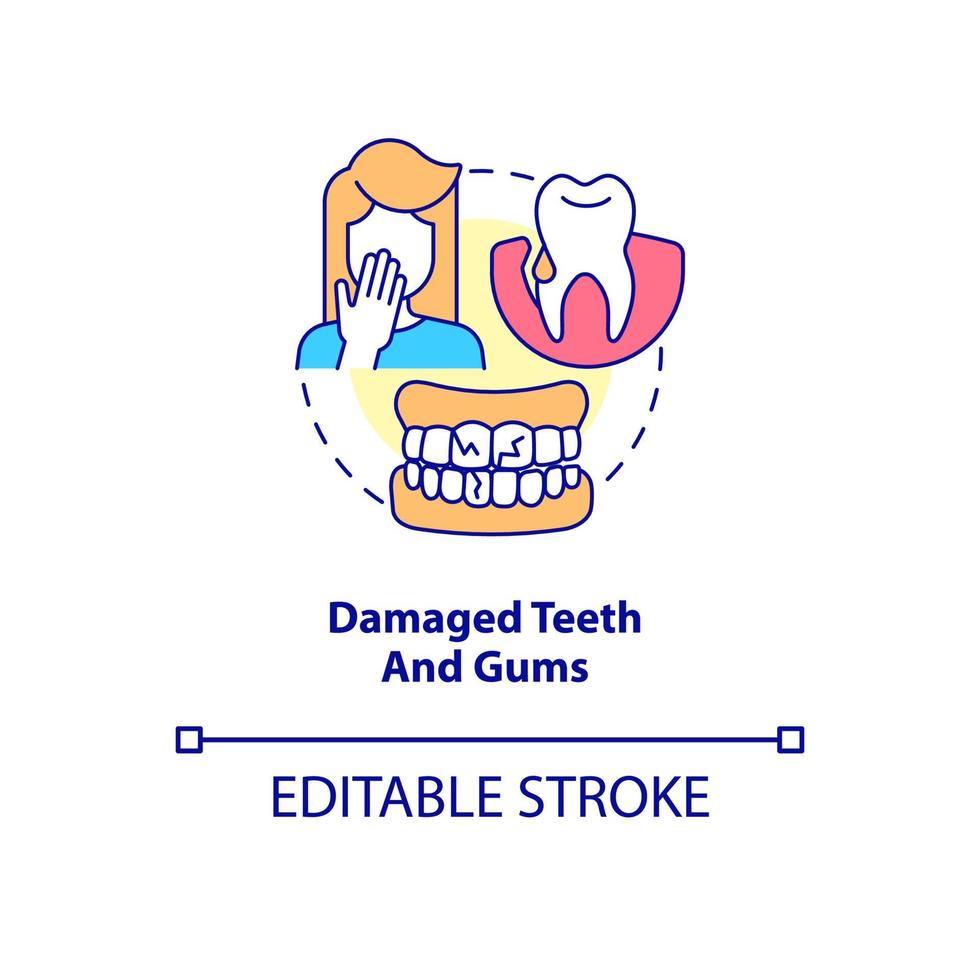 icona del concetto di denti e gengive danneggiati. carie dello smalto dei denti. problemi dentali idea astratta linea sottile illustrazione. disegno di contorno isolato. tratto modificabile. roboto-medium, una miriade di caratteri pro-grassetto utilizzati vettore
