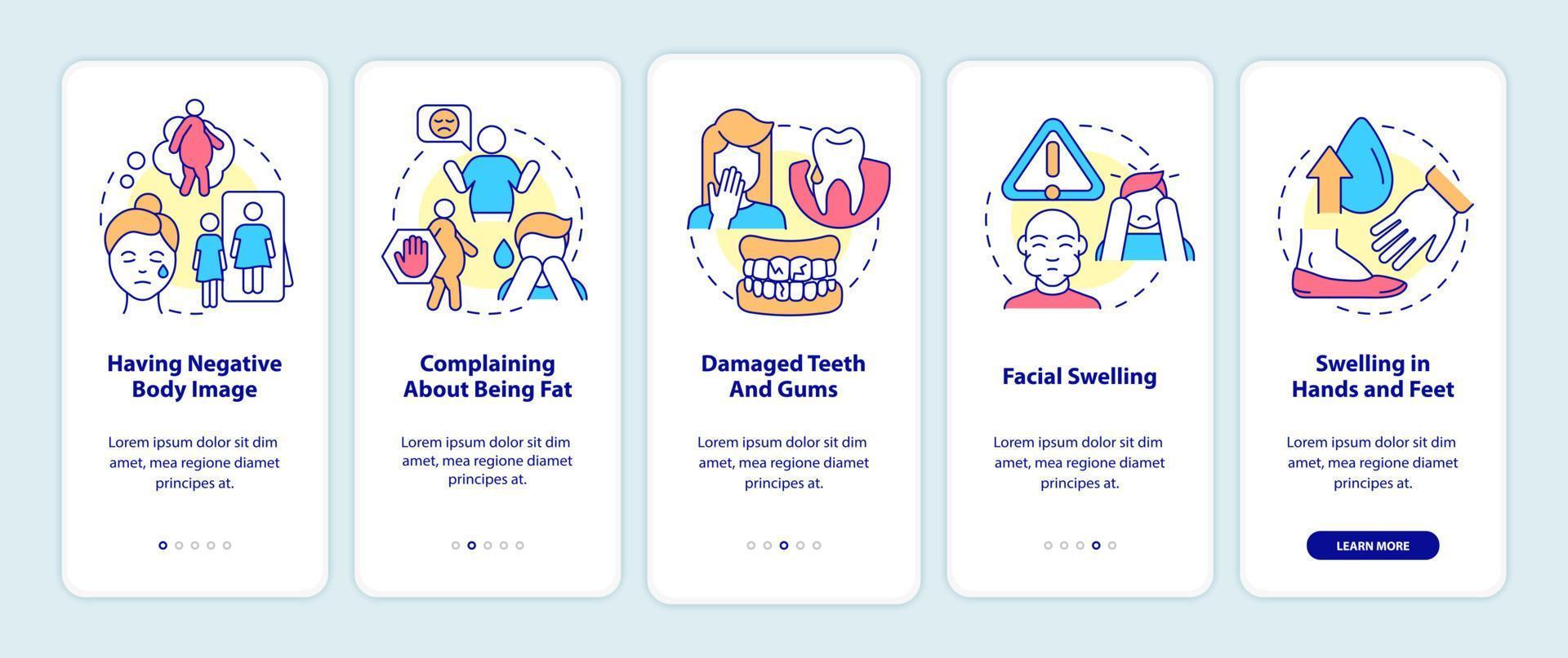 segni di bulimia durante l'onboarding dello schermo dell'app mobile. con immagine corporea negativa procedura dettagliata 5 passaggi pagine di istruzioni grafiche con concetti lineari. ui, ux, modello gui. sono stati utilizzati una miriade di caratteri normali in grassetto vettore