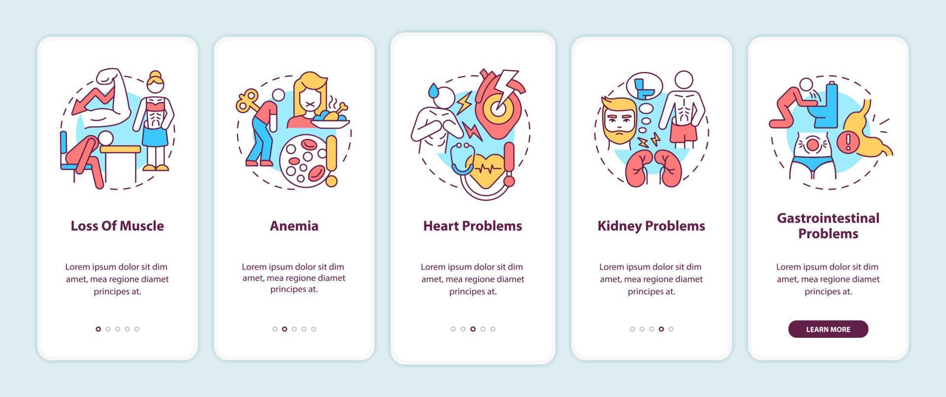 complicazioni dell'anoressia durante l'onboarding dello schermo dell'app mobile. perdita di muscolo procedura dettagliata 5 passaggi pagine di istruzioni grafiche con concetti lineari. ui, ux, modello gui. sono stati utilizzati una miriade di caratteri normali in grassetto vettore