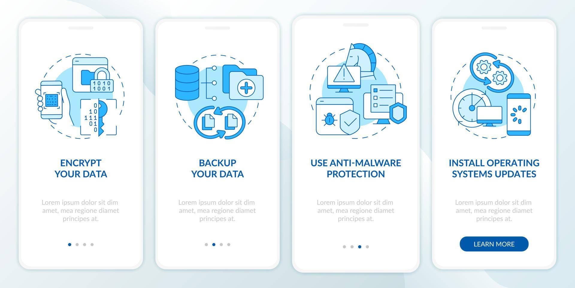 Suggerimenti per la sicurezza della navigazione online per l'onboarding della schermata della pagina dell'app mobile. guida alla protezione dei dati in quattro passaggi istruzioni grafiche con concetti. modello vettoriale ui, ux, gui con illustrazioni a colori lineari