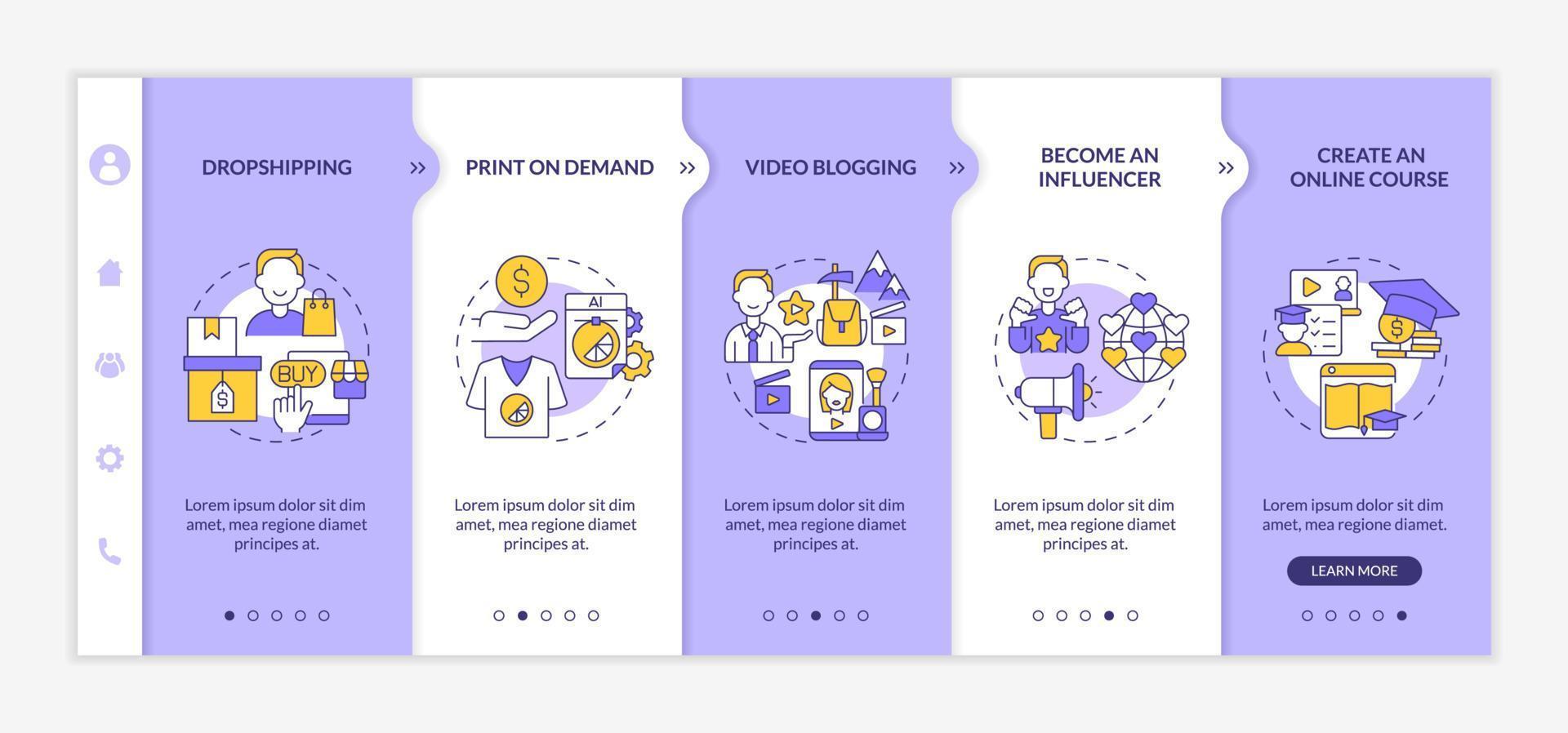 modi per generare denaro modello vettoriale di onboarding online. sito web mobile reattivo con icone. procedura dettagliata della pagina web in 5 schermate. diventa un concetto di colore influencer con illustrazioni lineari