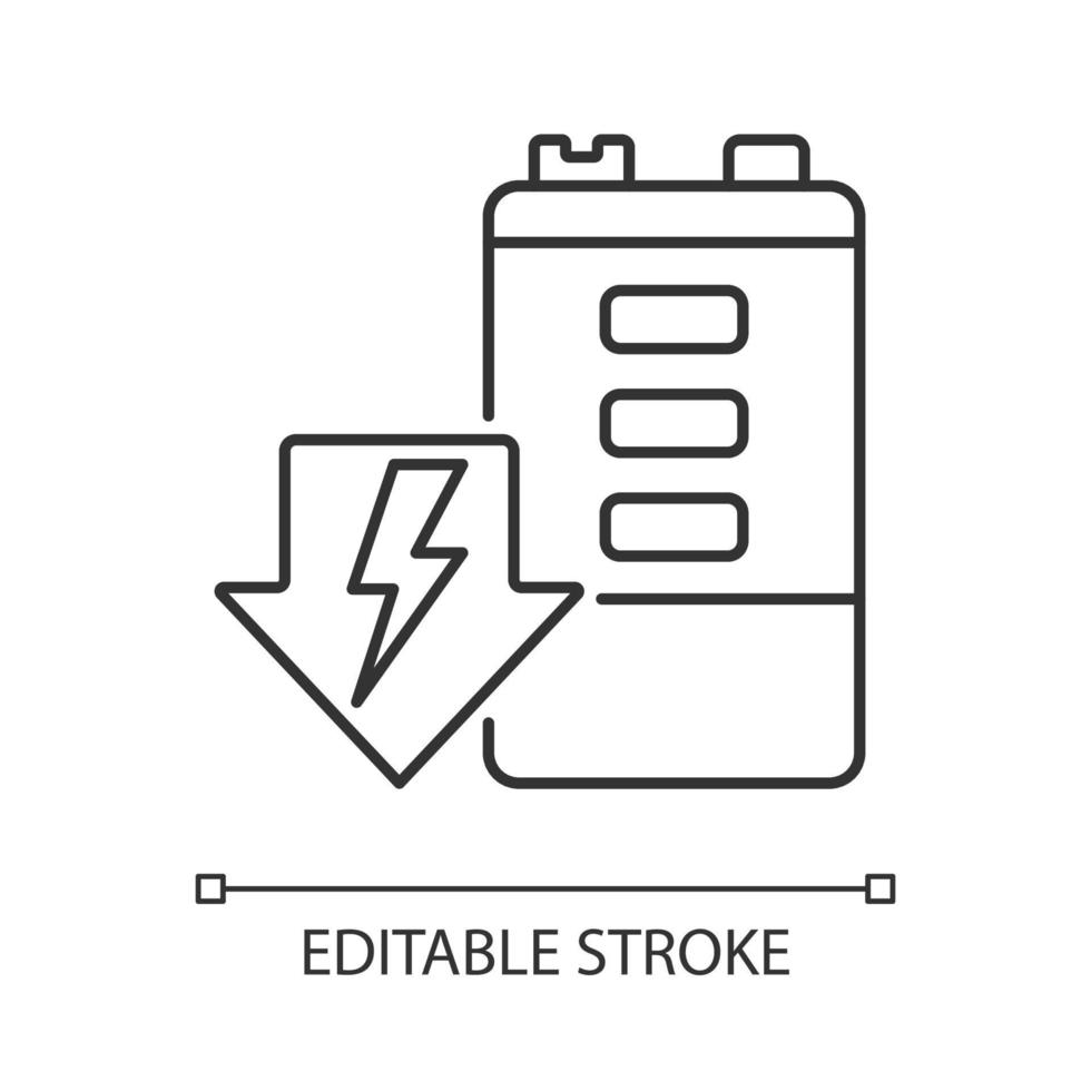 icona lineare di scarica della batteria. autoscarica. drenante di energia. deterioramento della durabilità. illustrazione personalizzabile a linea sottile. simbolo di contorno. disegno di contorno isolato vettoriale. tratto modificabile vettore