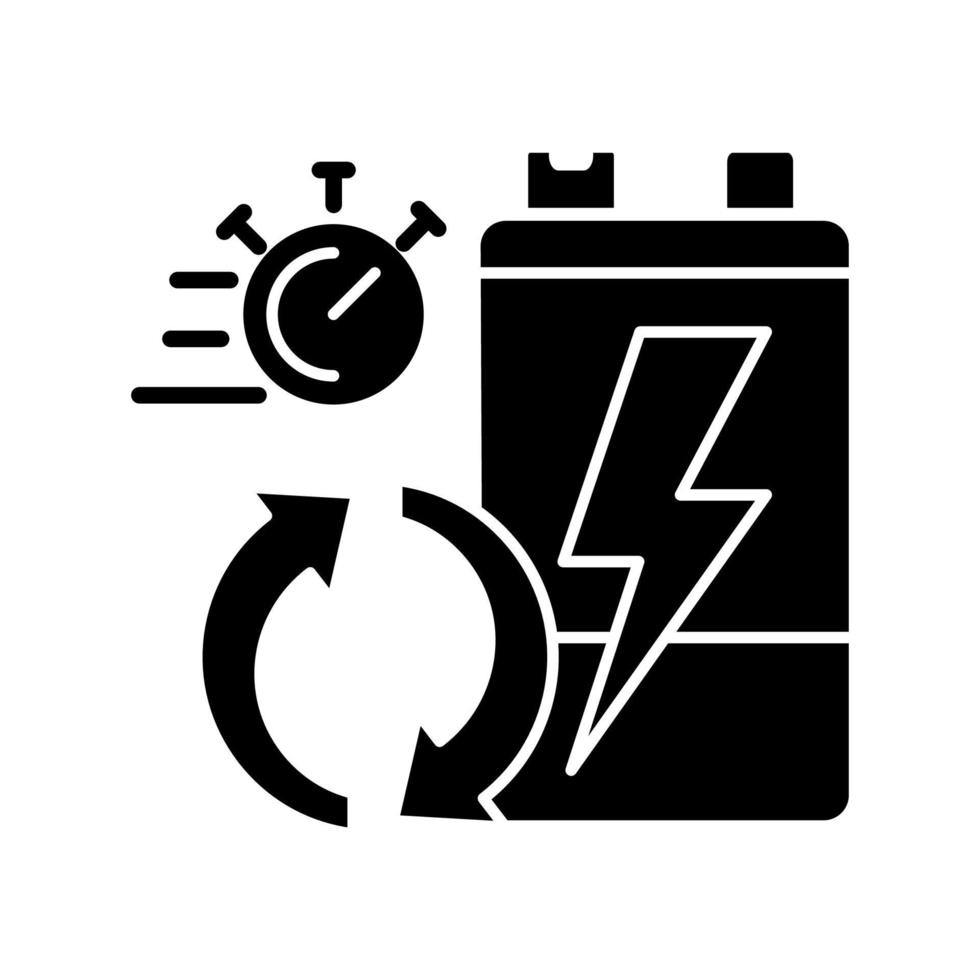 tassi di riciclaggio della batteria icona del glifo nero. velocità di elaborazione elettronica dei rifiuti. percentuale accumulatori riutilizzati. statistica di utilizzo. simbolo della siluetta su spazio bianco. illustrazione vettoriale isolato