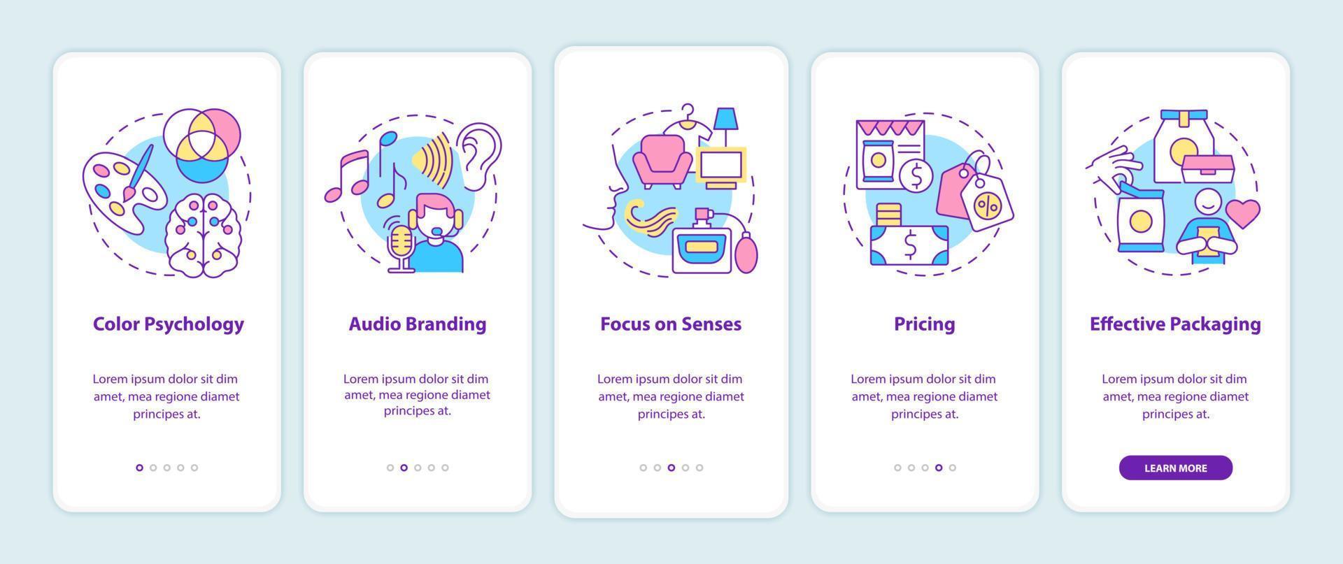 esempi di neuromarketing onboarding schermata della pagina dell'app mobile. psicologia del colore procedura dettagliata 5 passaggi istruzioni grafiche con concetti. modello vettoriale ui, ux, gui con illustrazioni a colori lineari