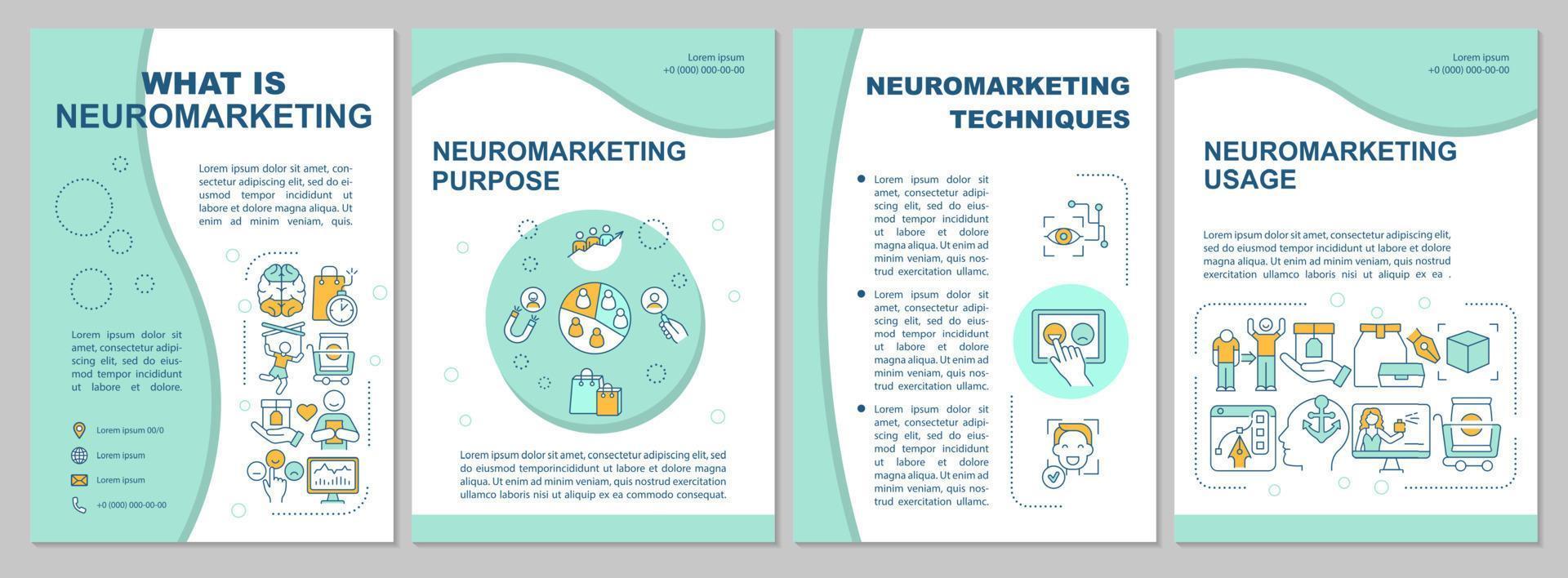 modello di brochure delle neuroscienze di marketing. scopo di neuromarketing. volantino, opuscolo, stampa depliant, copertina con icone lineari. layout vettoriali per presentazioni, relazioni annuali, pagine pubblicitarie