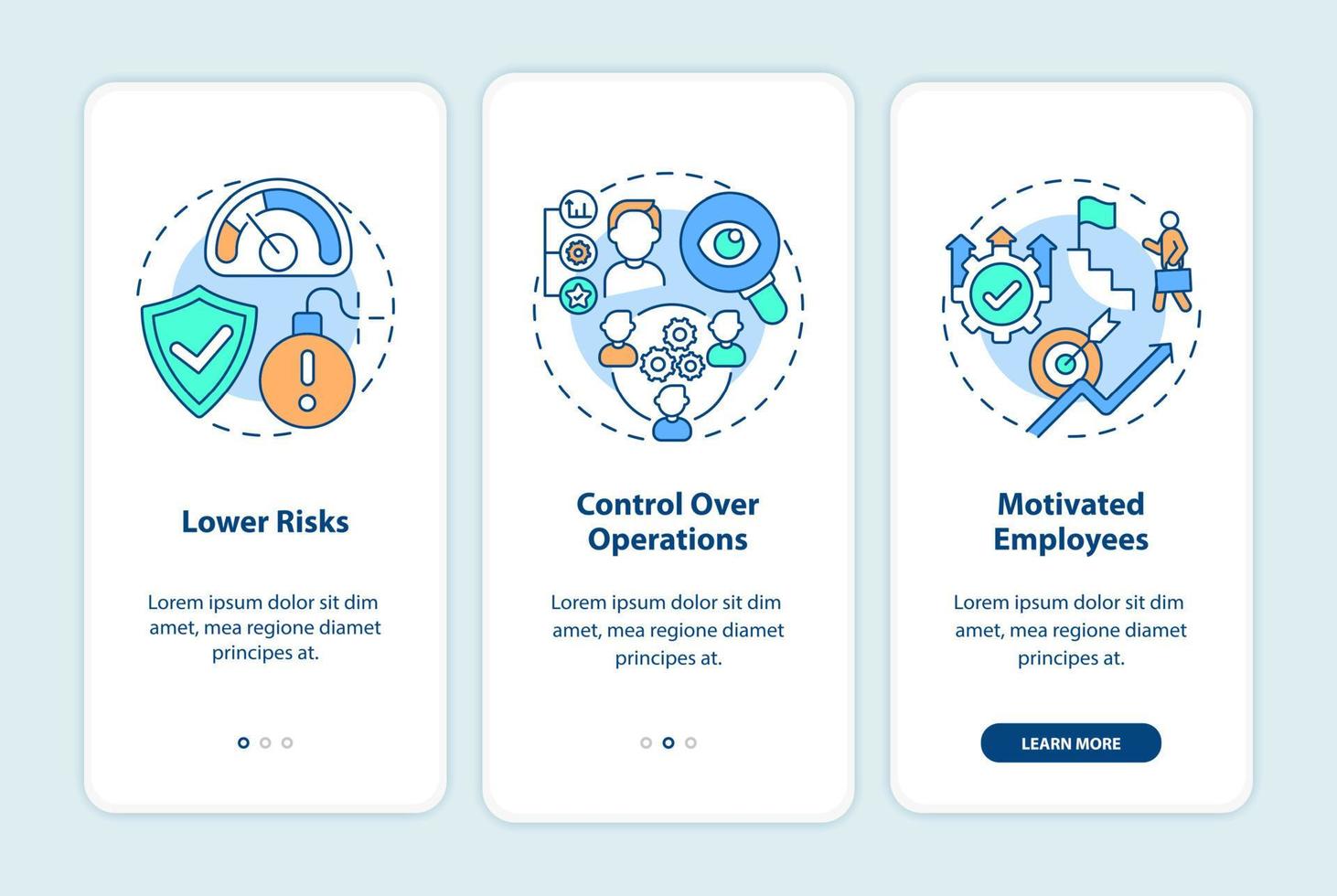 vantaggi della crescita interna inserimento della schermata della pagina dell'app mobile. procedura dettagliata per l'espansione del business 3 passaggi istruzioni grafiche con concetti. modello vettoriale ui, ux, gui con illustrazioni a colori lineari