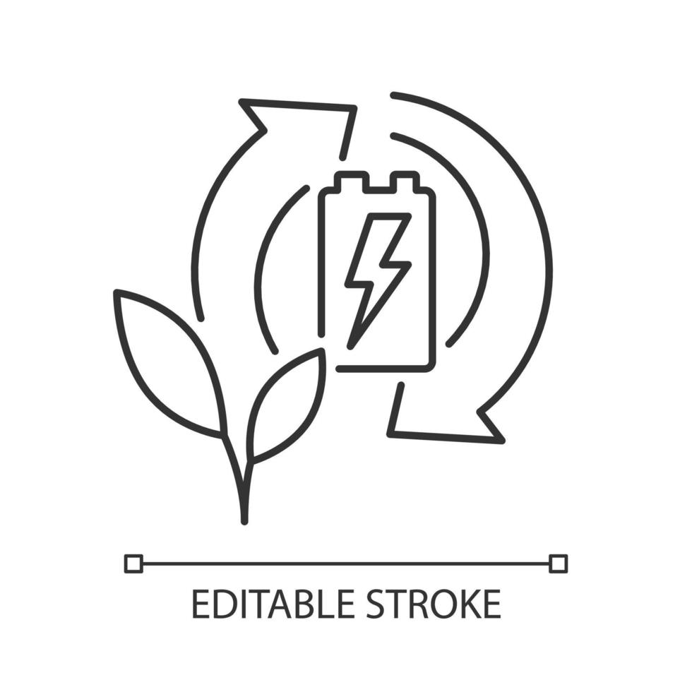 icona lineare di riciclaggio della batteria eco. prevenire le discariche di rifiuti pericolosi. ricaricare l'accumulatore usato. illustrazione personalizzabile a linea sottile. simbolo di contorno. disegno di contorno isolato vettoriale. tratto modificabile vettore