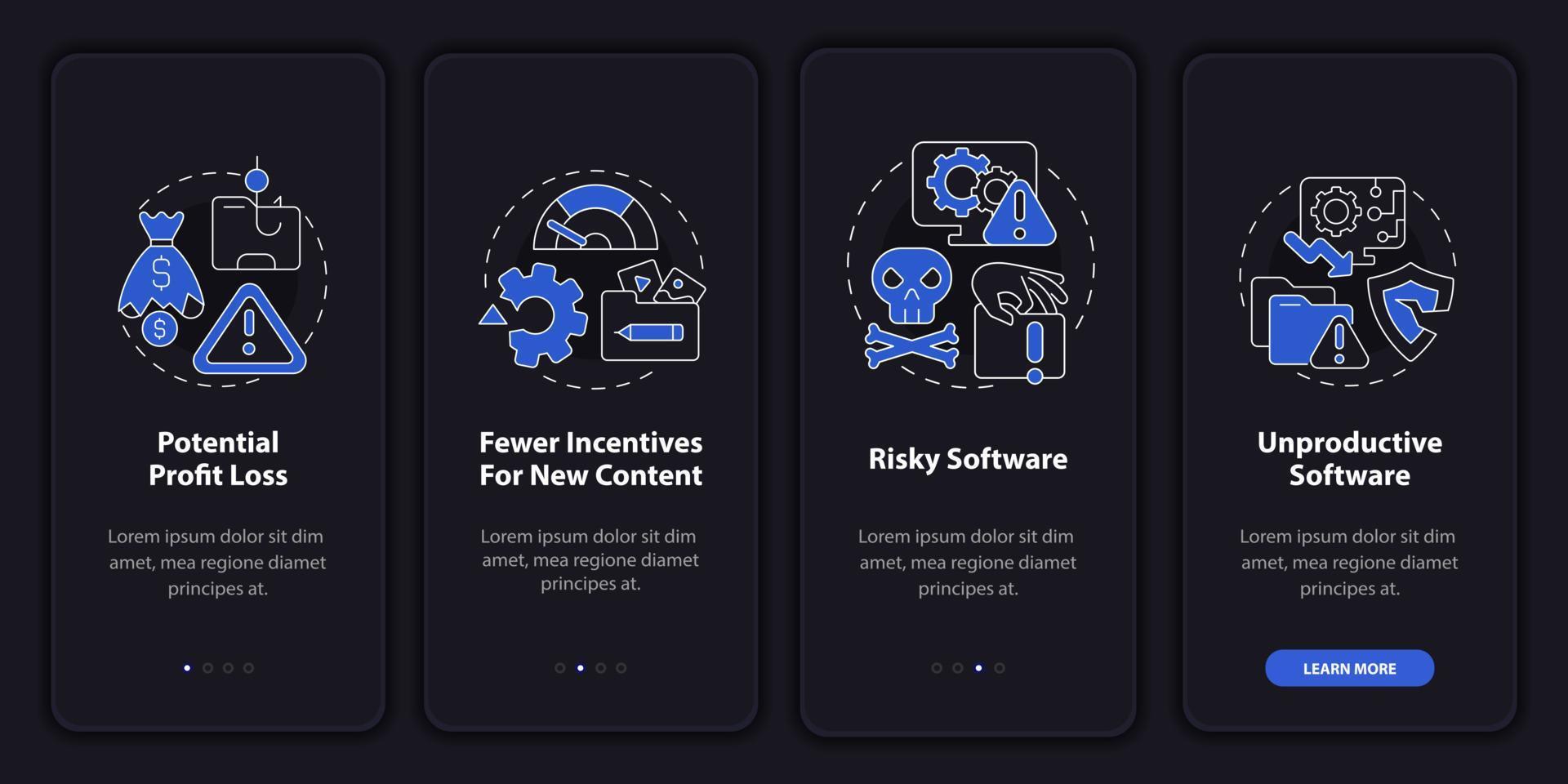 la pirateria online svantaggia l'onboarding della schermata della pagina dell'app mobile. procedura dettagliata del software rischioso 4 passaggi istruzioni grafiche con concetti. modello vettoriale ui, ux, gui con illustrazioni in modalità notturna lineare