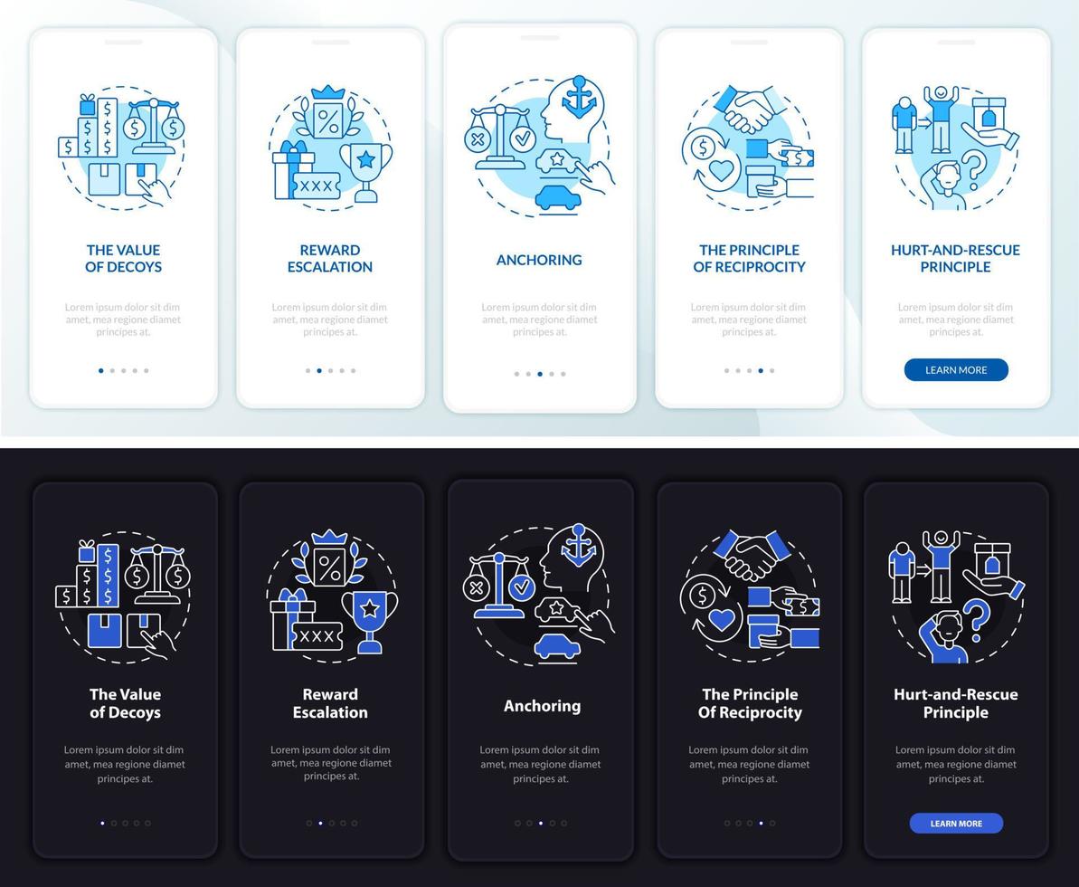 principi di neuroscienza che integrano la schermata della pagina dell'app mobile. effetto esca procedura dettagliata 5 passaggi istruzioni grafiche con concetti. modello vettoriale ui, ux, gui con illustrazioni in modalità notte e giorno lineari