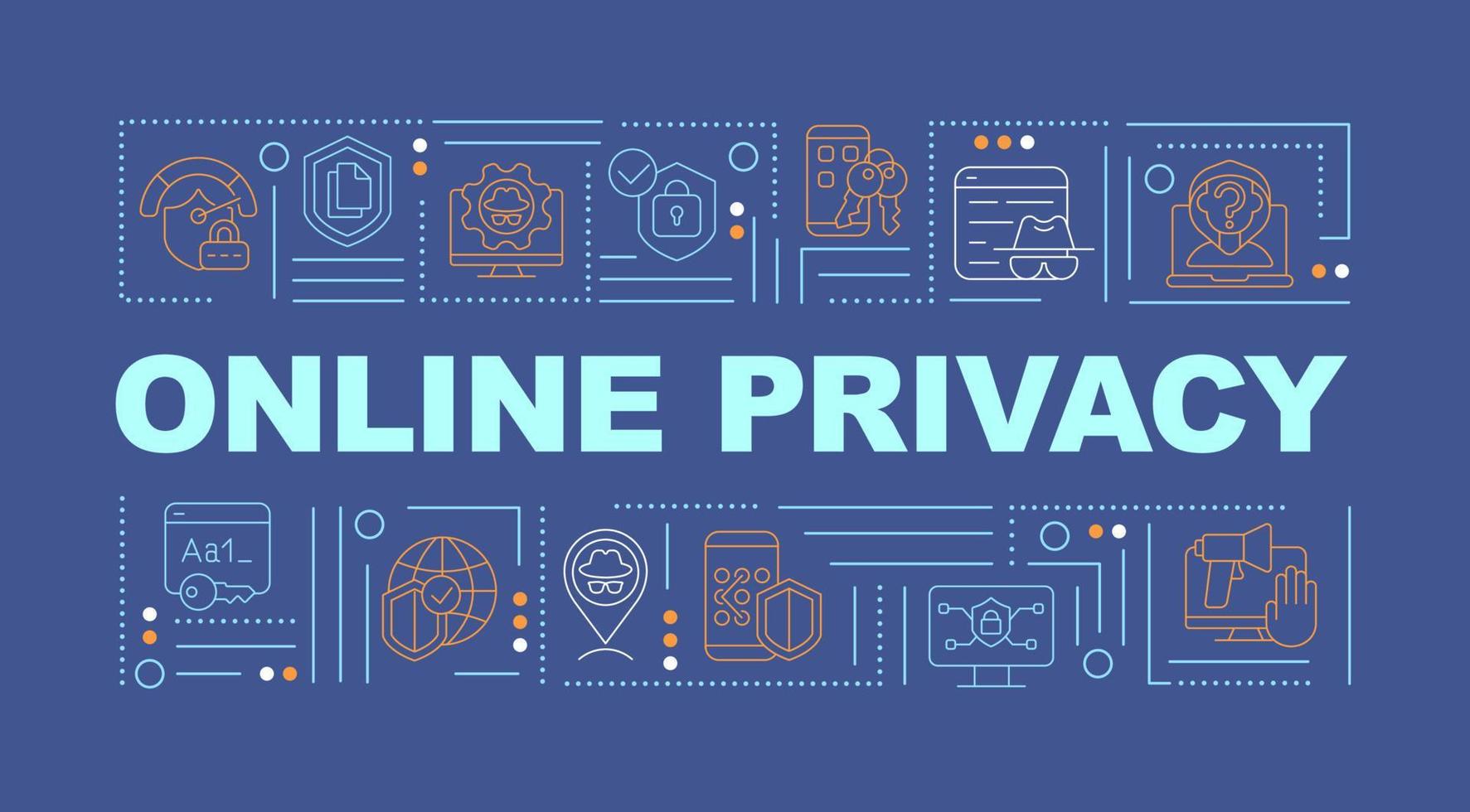 privacy online e sicurezza dei dati nel banner di concetti di parole di Internet. infografica con icone lineari su sfondo blu. tipografia creativa isolata. illustrazione a colori di contorno vettoriale con testo